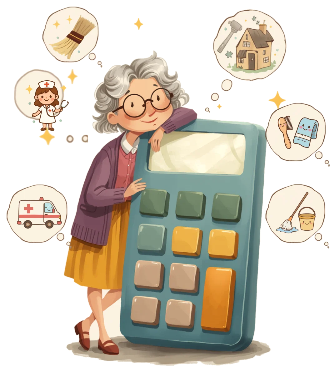 Illustration of a lady leaning on a giant calculator, imagining all the services it could cover