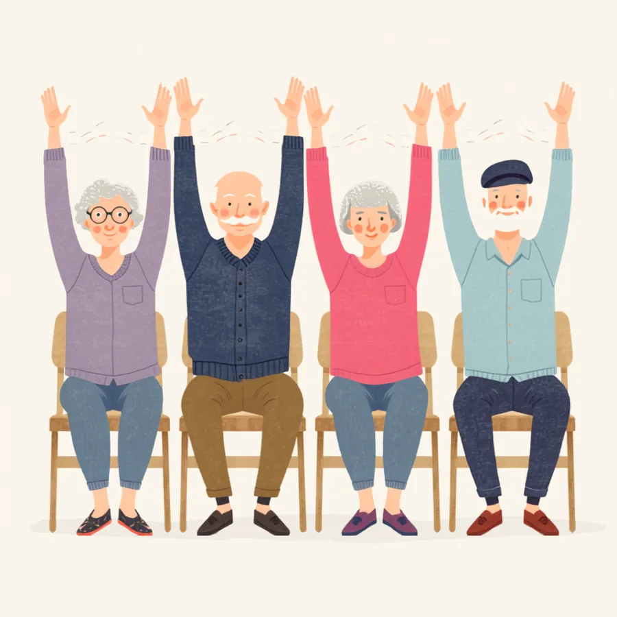 A cheerful row of seniors doing seated arm stretches, one cheekily reaching for a biscuit