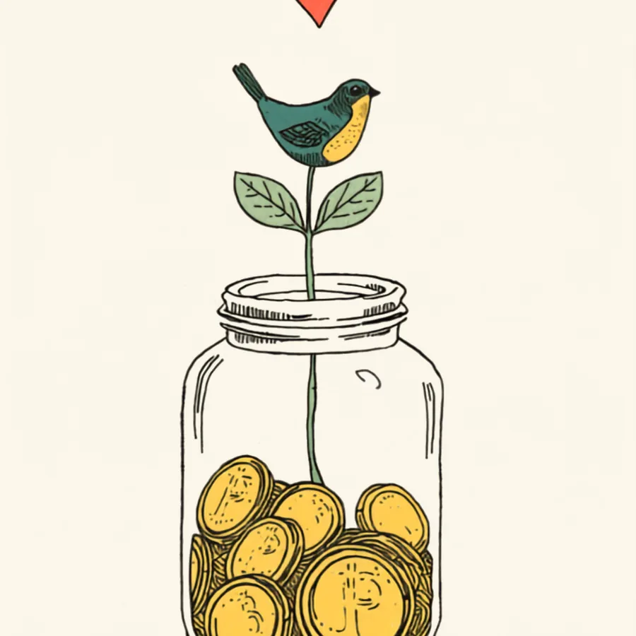 A jar of coins growing a seedling, with a tiny wren perched on the rim