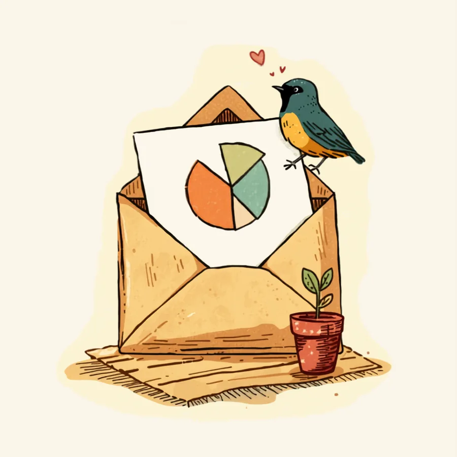 An open envelope on a kitchen bench with a small potted seedling beside it