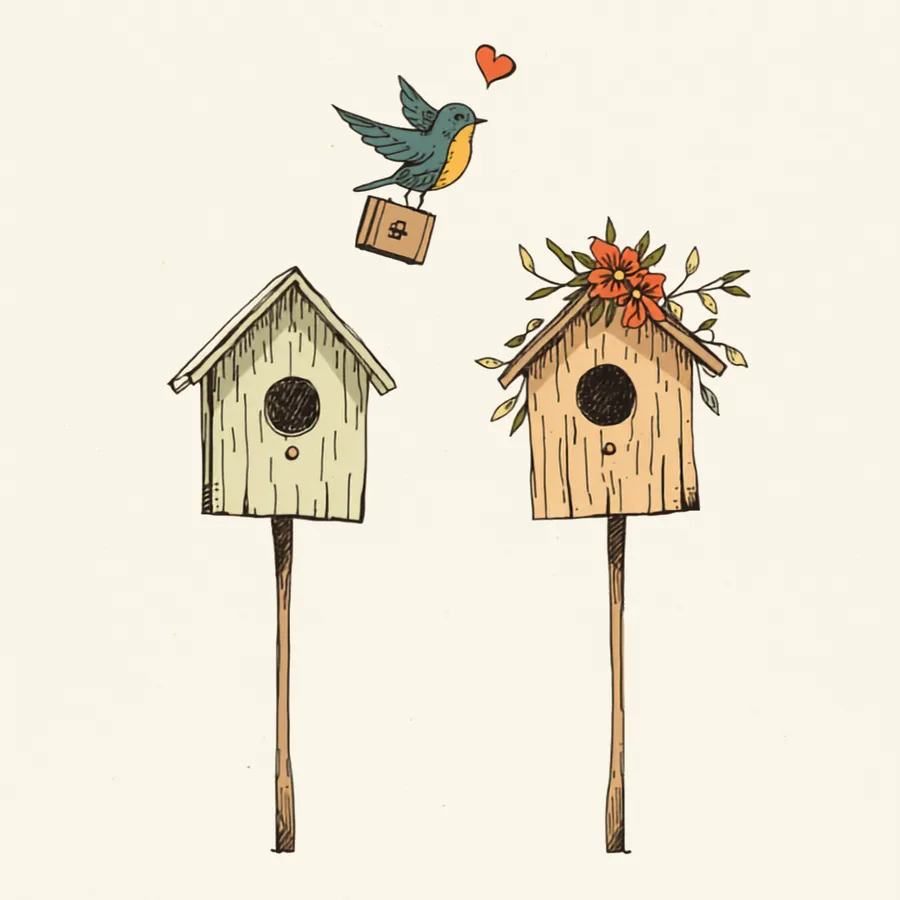 Two birdhouses with a wren flying from one to the other carrying a tiny suitcase