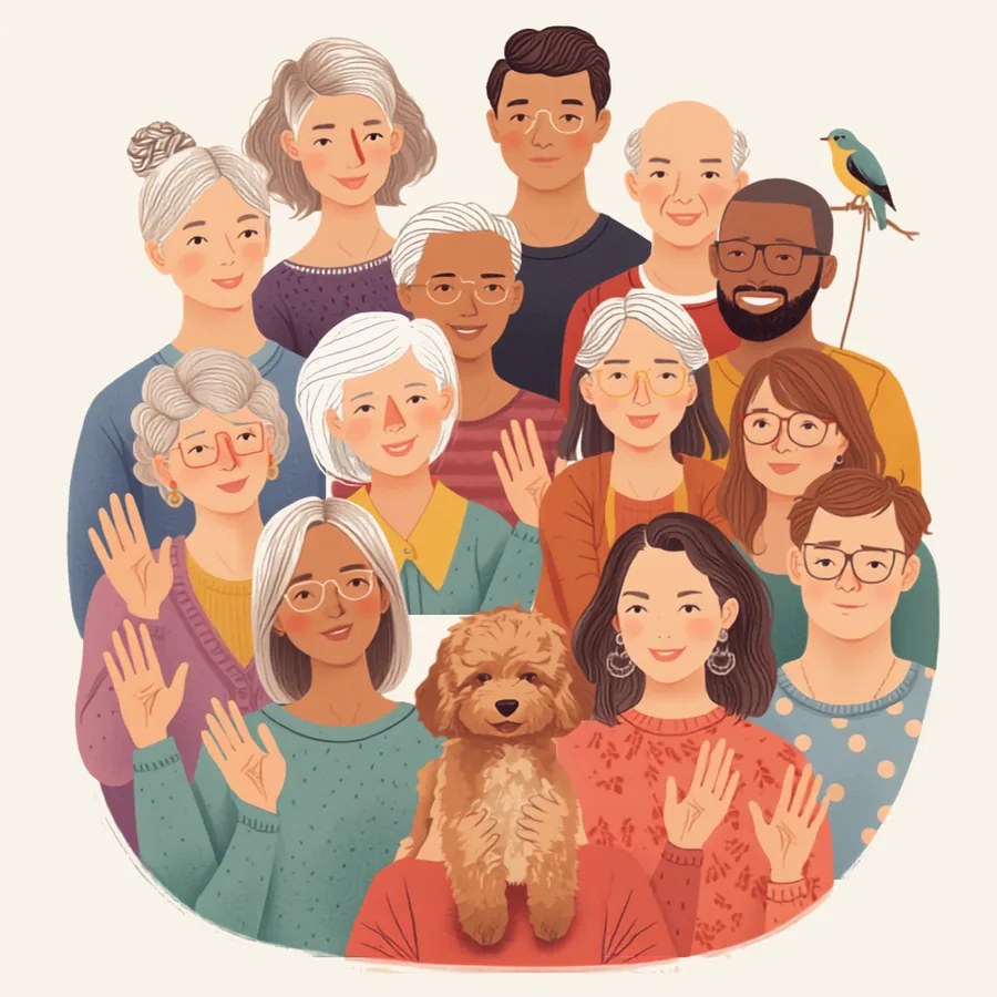 A warm, colourful community of older people and younger adults gathered together