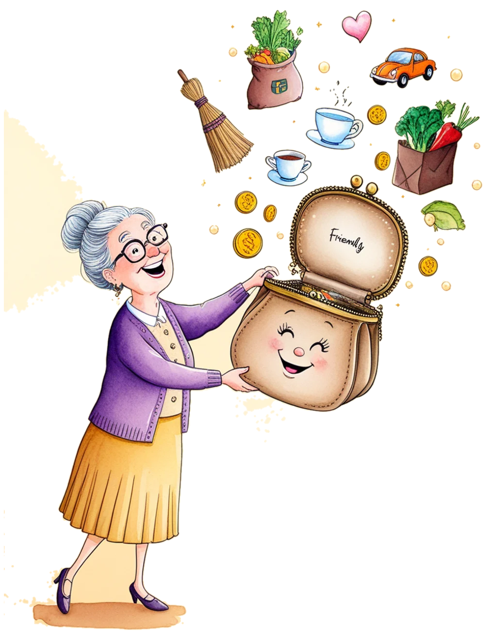Illustration of a joyful lady opening a friendly purse, with groceries, tea, transport and a helping hand floating out
