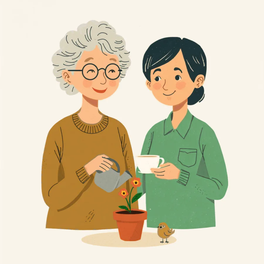 An older woman watering her garden while a smiling care partner carries out a tray with a teapot and cups