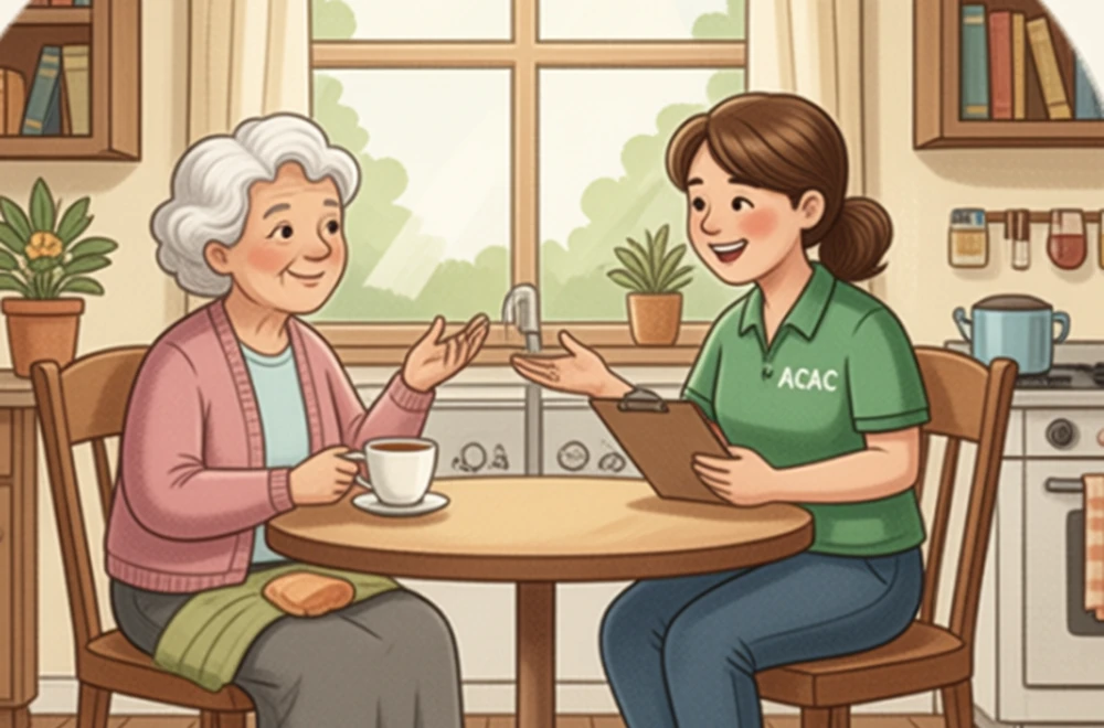 An older woman and a warm ACAC carer chatting over a cup of tea at a cosy kitchen table