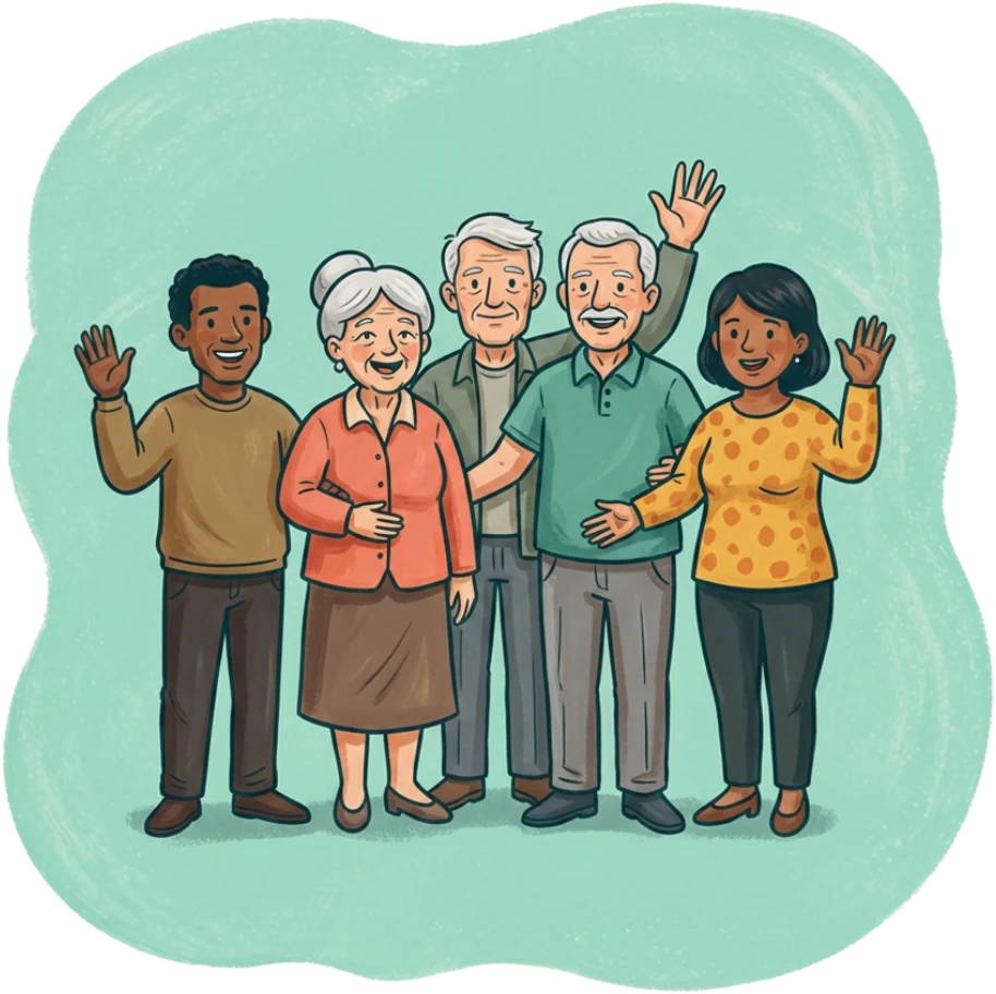 A warm, diverse group of older Australians and their carer waving hello