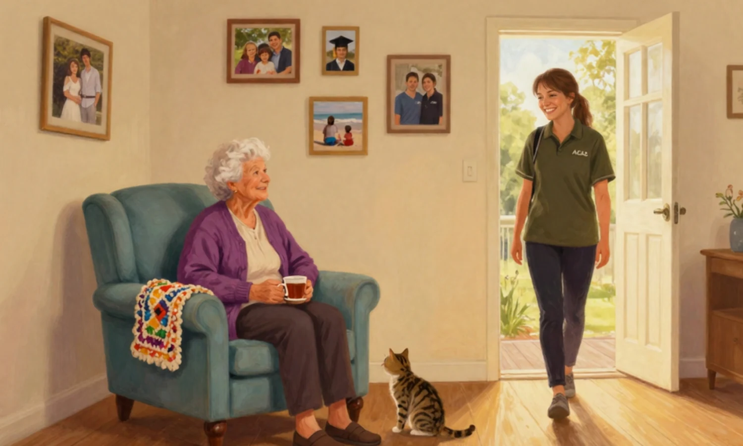 An ACAC care worker arriving through the front door with a warm smile as an older woman relaxes in her armchair with a cup of tea, her cat and family photos around her
