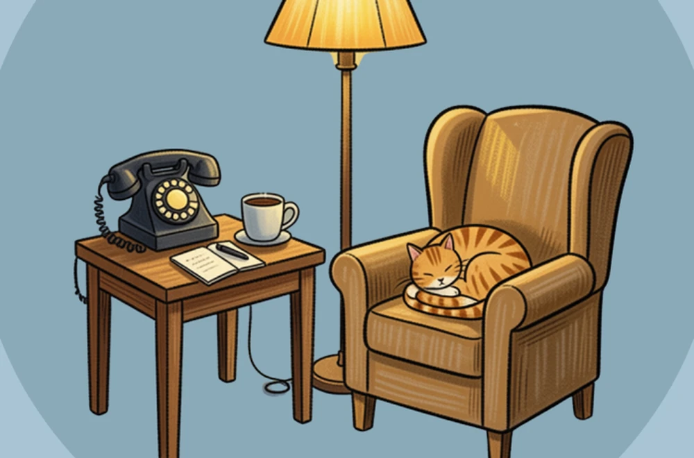 A silver-haired woman relaxing in a cosy armchair, phone to her ear, cat on her lap and a cup of tea nearby
