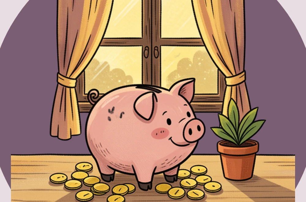 A glass jar of gold coins with a seedling growing from the top, a little bird and a heart — your budget, ready to grow