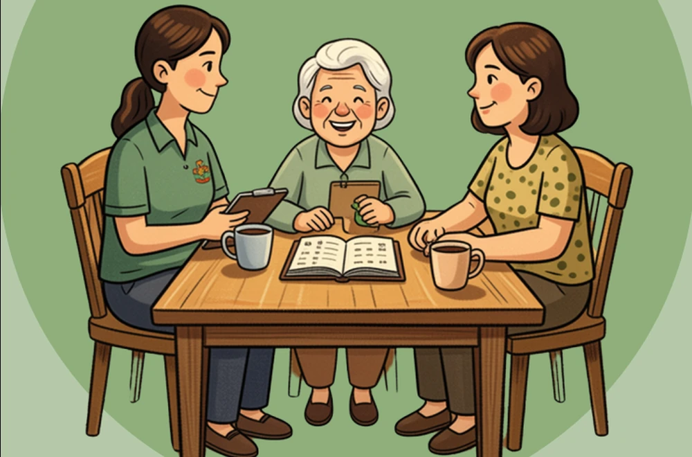 An older woman and two ACAC care partners planning together at a table over a document and cups of tea