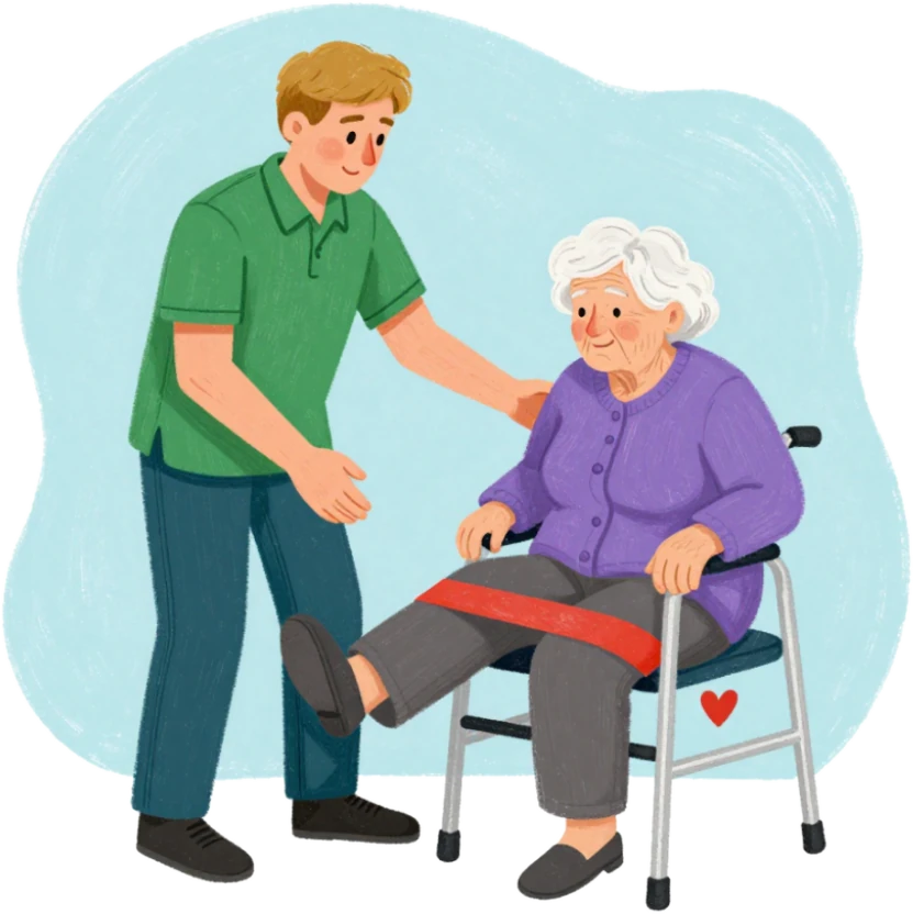 A physiotherapist gently guiding an older woman through a seated exercise