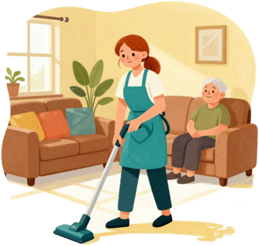 A cheerful helper vacuuming a cosy, sunlit living room