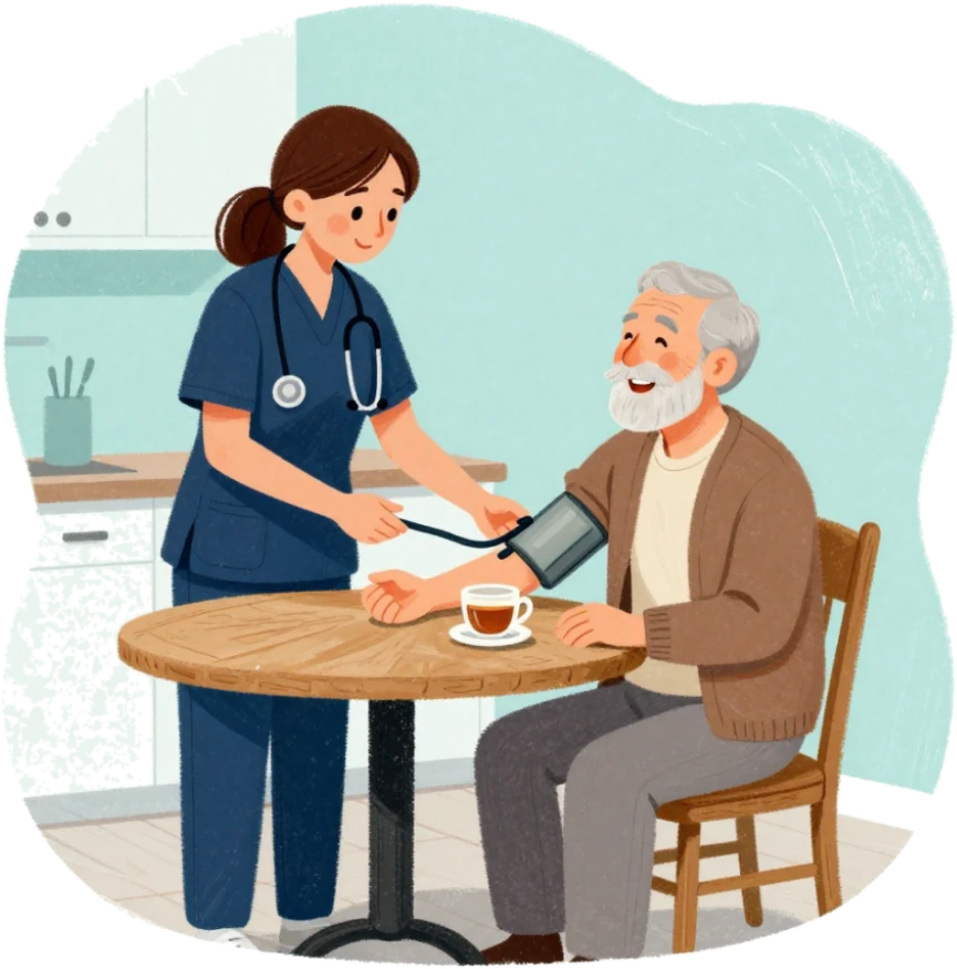 A kind nurse taking an older man's blood pressure at his kitchen table