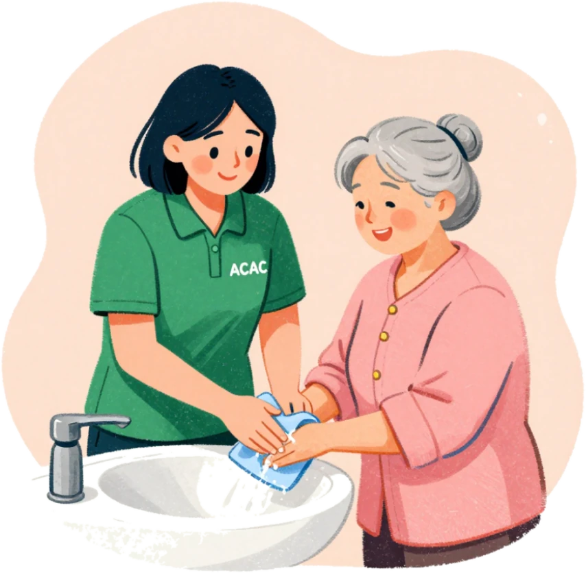 A gentle carer helping an older person freshen up at a bright bathroom basin