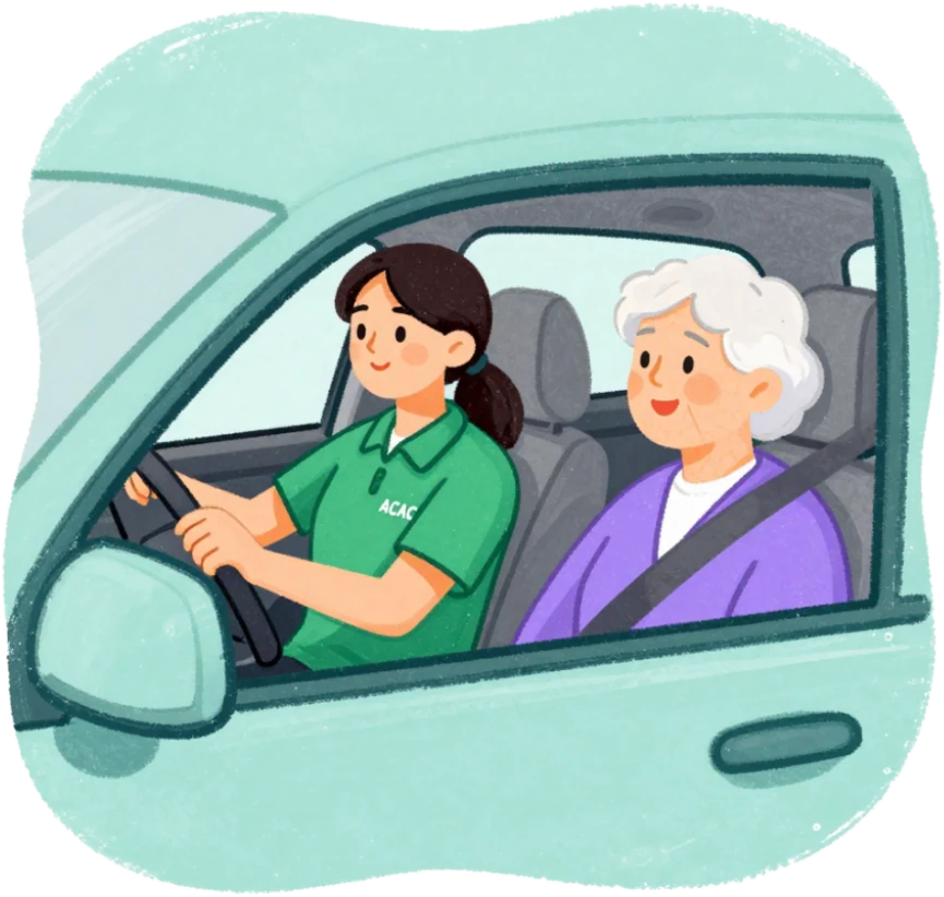 A friendly driver and a smiling older passenger heading out in a little car