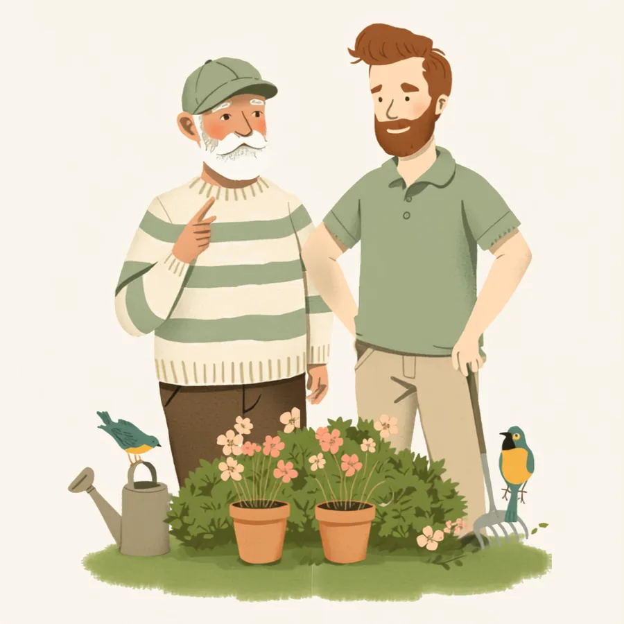 Gardening together among sage-green plants