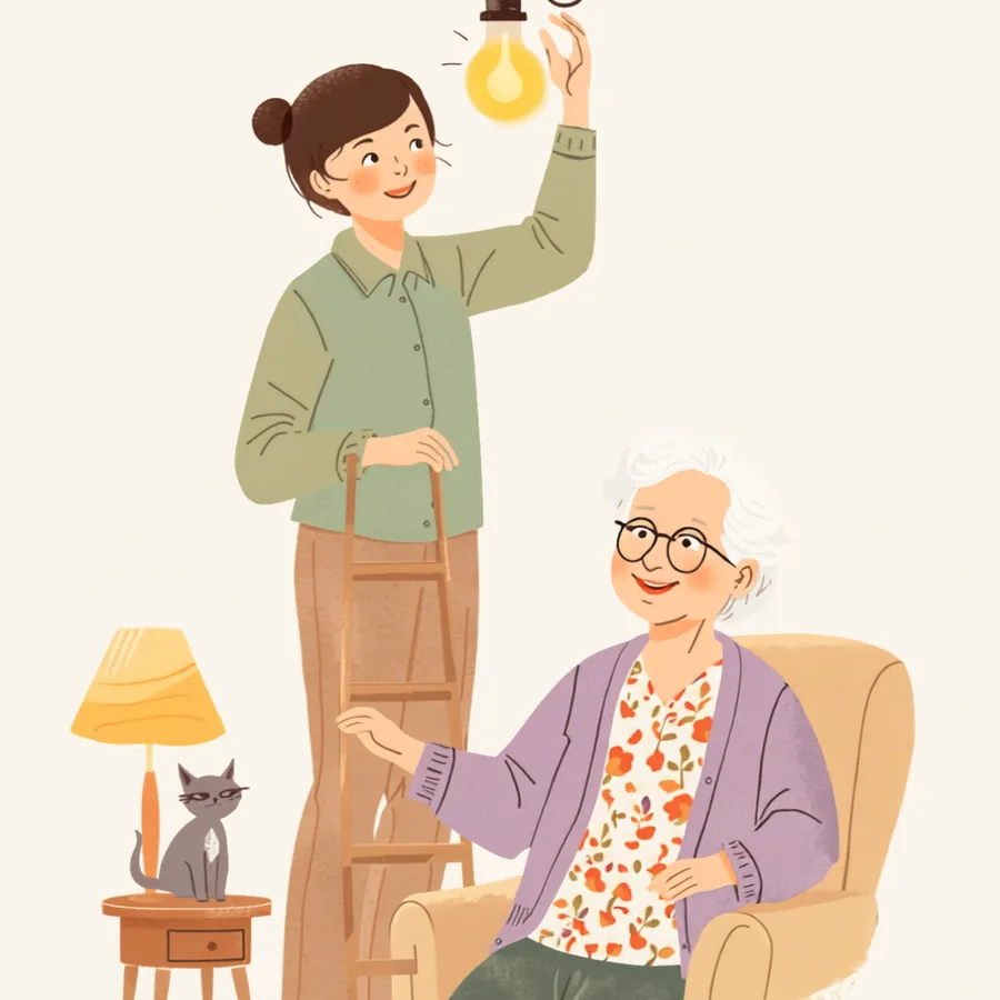 A care partner helping around the home while an older woman relaxes in her armchair