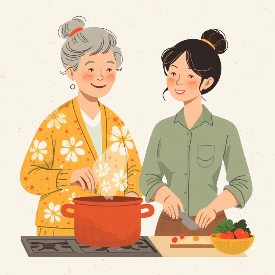 Cooking together in a warm kitchen