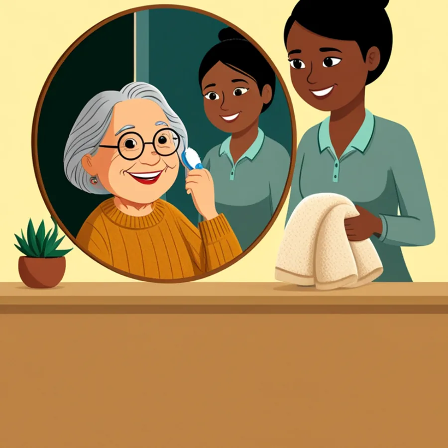A woman at her bathroom mirror brushing her hair while a care partner holds a fluffy towel