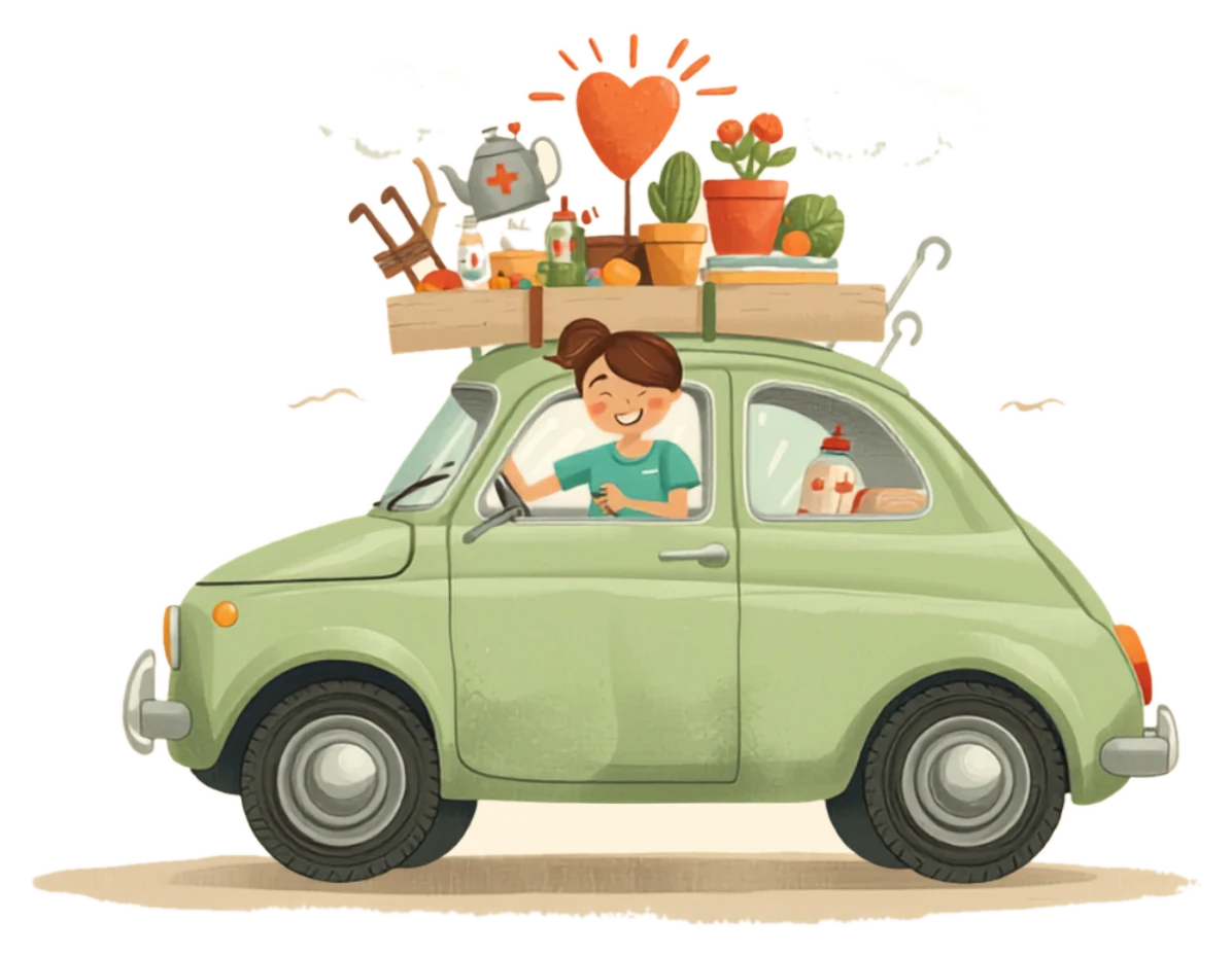Illustration of an ACAC carer driving a little green car packed with everything care brings
