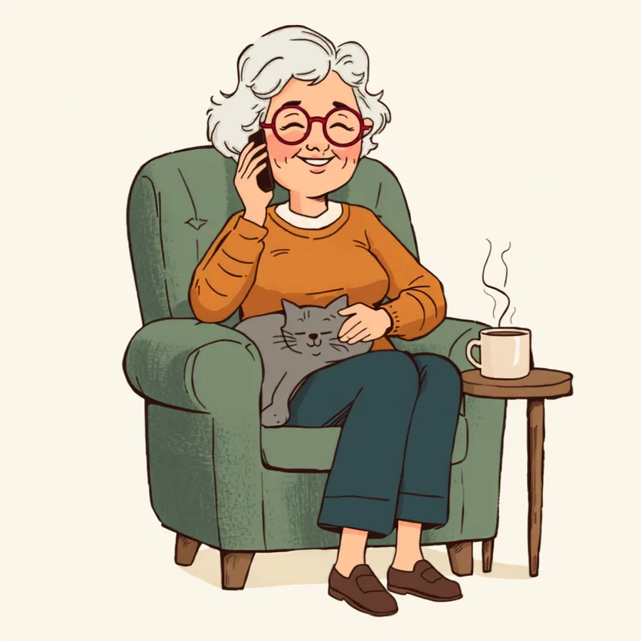 A silver-haired woman on a cosy armchair, phone to her ear, cat on the armrest