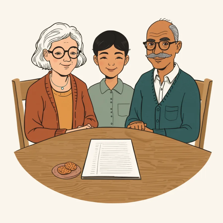 A couple and their care partner at a kitchen table with a big friendly planner page and a plate of biscuits