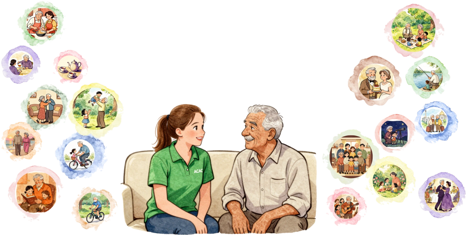 An illustrated ACAC care worker chatting warmly with an older man on a sofa, surrounded by memory bubbles of a life well lived — cooking, dancing, weddings, fishing, family gatherings and travel