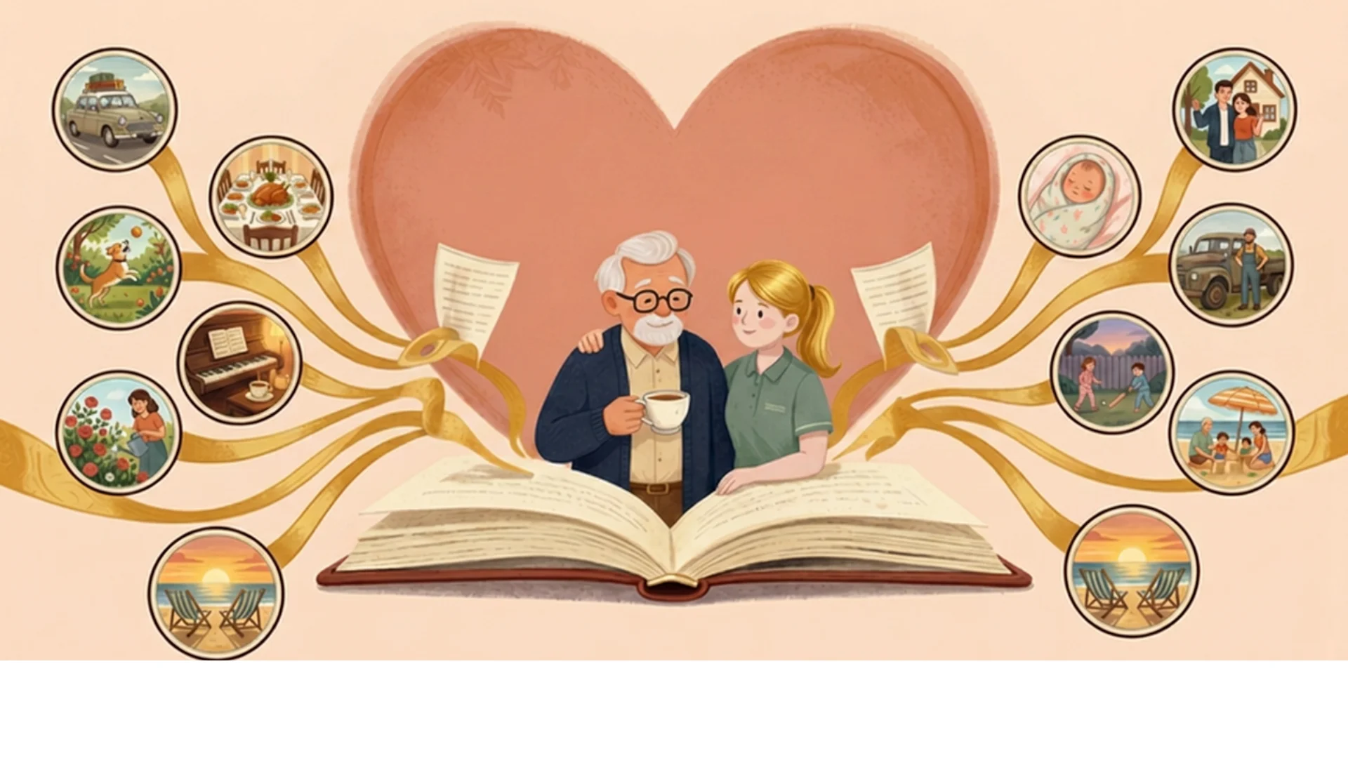 Illustration of an elderly man and his ACAC carer sitting together on a giant open storybook, his life's memories fanning out on golden ribbons around a large heart