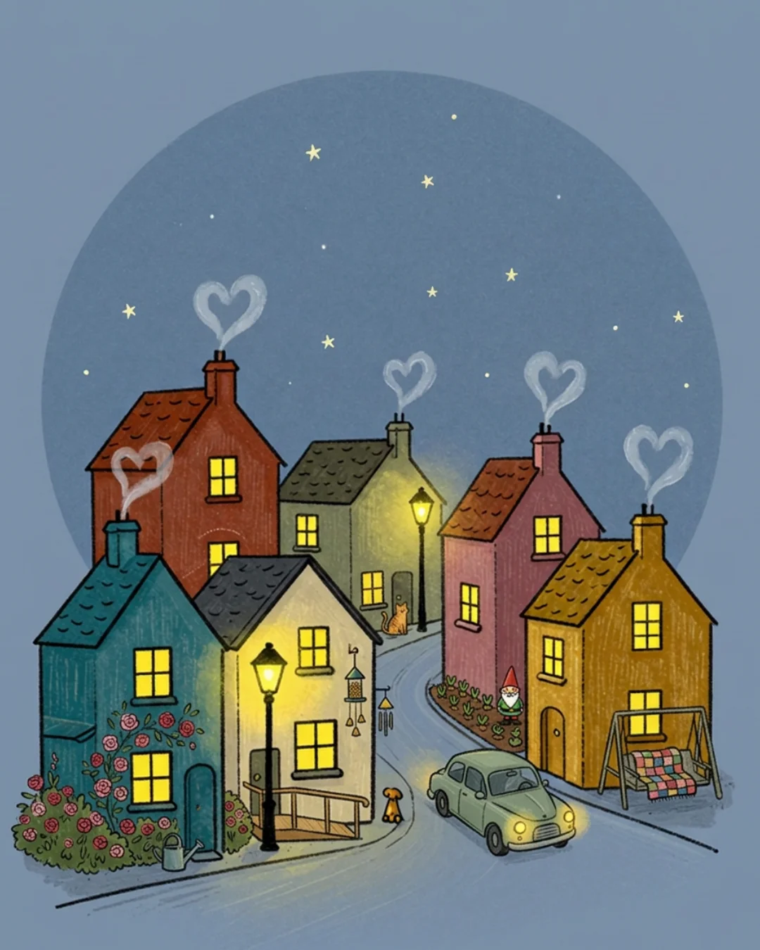 Illustration of a street of cosy cottages at dusk, every window glowing and chimney smoke curling into hearts, with a little green car doing its rounds
