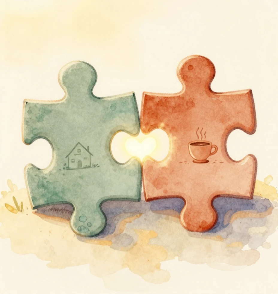 Illustration of two watercolour puzzle pieces coming together — one with a little home, one with a steaming cup of tea — with a glowing heart in the gap between them