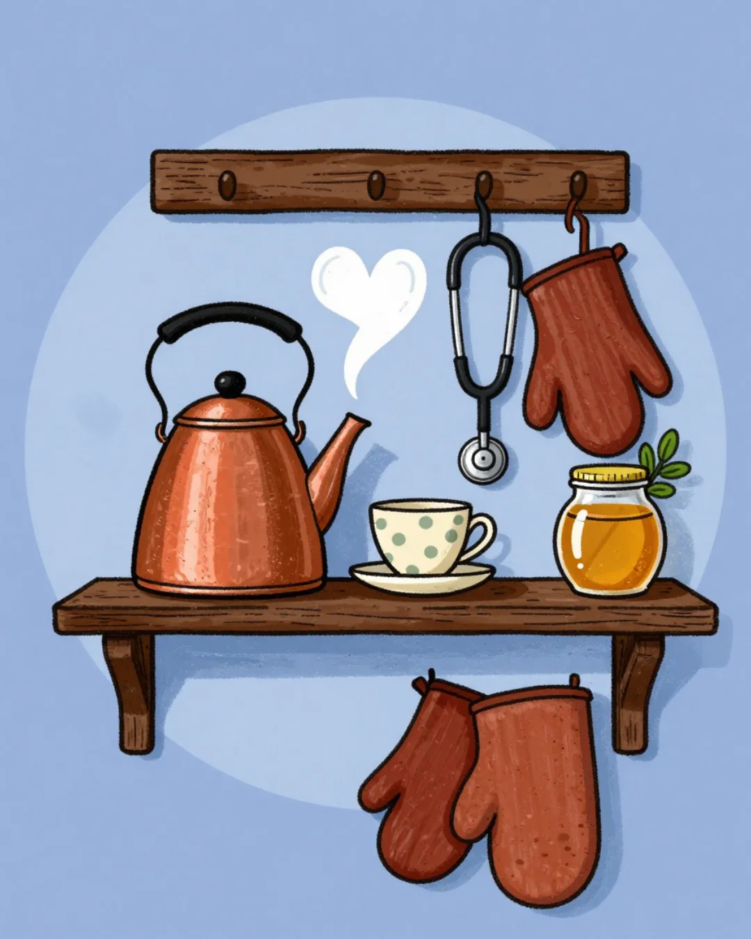 Illustration of a warm kitchen shelf with a copper kettle steaming a heart shape, teacups, and a stethoscope hanging beside the oven mitts
