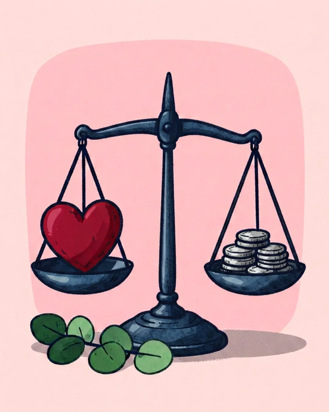 Illustration of antique brass scales perfectly balanced, a heart on one side and coins on the other