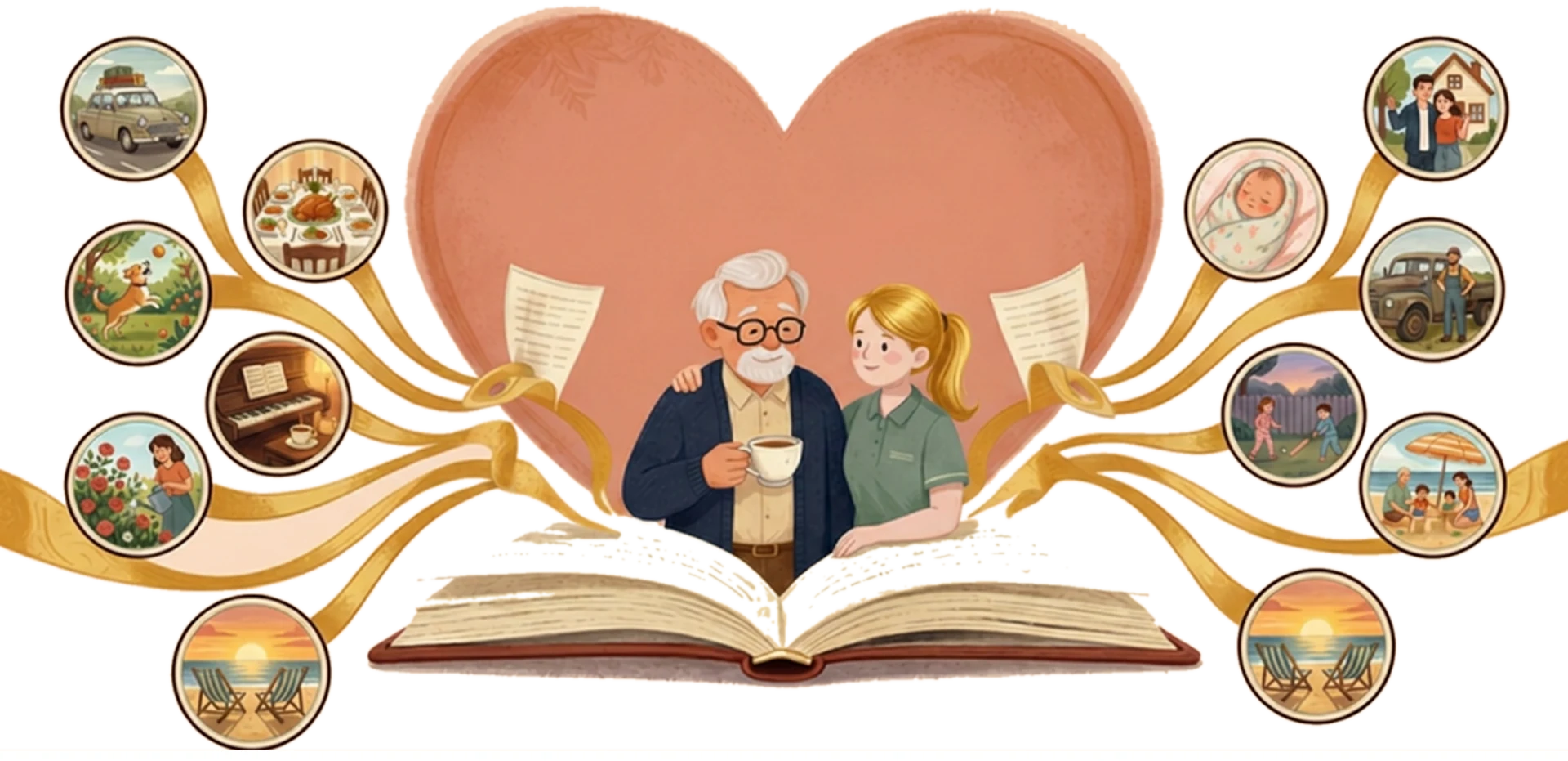 An illustrated open book of a life — an older man and his care worker at the centre, with ribbons leading to memories of family, gardens, travel and a lifetime of stories